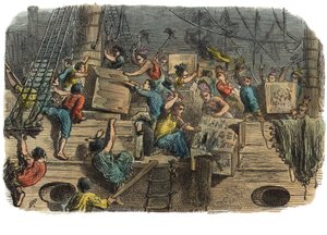 Boston Tea Party, ca. 1860er Jahre (handkolorierte Gravur) von American School