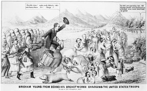Brigham Young hinter seinen Brustwehren, die US-Truppen angreifend von American School
