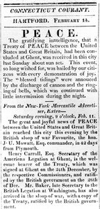 Flugblatt, das den Frieden zwischen den USA und Großbritannien nach dem Krieg von 1812 ankündigt, gedruckt in der Connecticut Courant, 1815 von American School