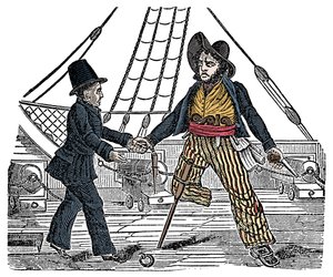 Kapitän Mackra und der Pirat mit Holzbein. Gravur aus „The Pirates Own Book“ 19. Jahrhundert von American School