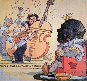 Karikatur von Harry S. Truman (1884-1972) mit John Llewellyn Lewis (1880-1969) und dem Kongress