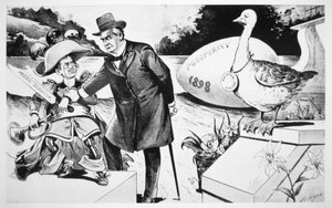 Karikatur zeigt Präsident McKinley, der versucht, die 