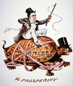 Karikatur, die Präsident William McKinley (1843-1901) zeigt, wie er versucht, seine Politik durch den Kongress zu bringen (Farblithografie) von American School