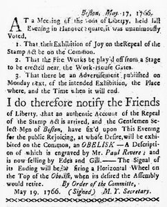 Feier der Aufhebung des Stempelgesetzes, aus der Boston Gazette, 19. Mai 1766 von American School