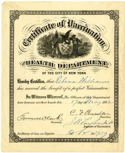 Impfzertifikat, Gesundheitsamt der Stadt New York, 1882 von American School