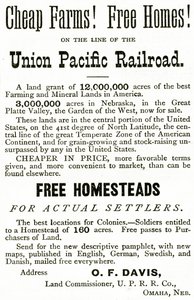Günstige Farmen und freie Häuser an der Union Pacific Railroad Linie, Anzeige aus Appletons Journal, 4. Mai 1872 von American School