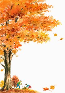 Kinder harken Herbstblätter unter einem großen Ahornbaum von American School