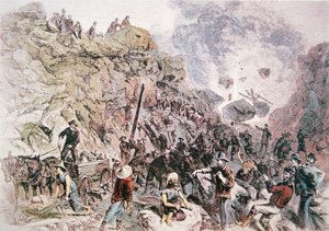 Chinesische Arbeiter helfen beim Bau der Central Pacific Railroad, abgeschlossen 1869