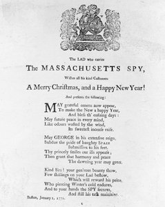 Weihnachtsgrüße vom Jungen, der die Massachusetts Spy trägt, gedruckt in der Massachusetts Spy, 1. Januar 1771 von American School