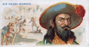 Zigarettenkarte Sir Henry Morgan, Eroberung von Panama, aus der Serie Pirates of the Spanish Main (N19), veröffentlicht 1888 von American School