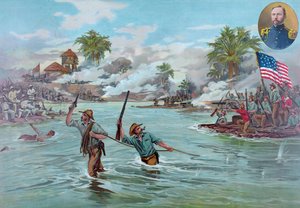 Col. Funston und das 20. Kansas-Freiwilligenregiment überqueren den Fluss bei Calumpit, 26. April 1899