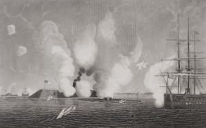 Kampf zwischen der konföderierten CSS Virginia (links) und der Union USS Monitor (Mitte) am 9. März 1862 bei Hampton Roads, Virginia