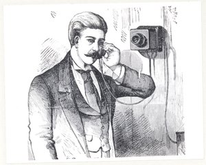 Kondensator-Telefon in Gebrauch, aus The Electric Telephone von George Bartlett Prescott, 1890