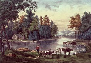 Kühe am Ufer eines Sees, veröffentlicht von Nathaniel Currier und James Merritt Ives von American School