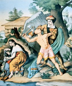 Daniel Boone (1734-1820) verteidigt seine Familie gegen einen Indianerangriff
