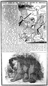 Davy Crockett zahlt zwei Franzosen für die Beleidigung seiner Geliebten heim, zähmt eine Löwin usw., Illustration aus Crocketts Almanach