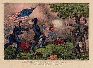 Tod von Col. Edward D. Baker, in der Schlacht von Balls Bluff bei Leesburg VA., 21. Oktober 1861, veröffentlicht von Currier & Ives, ca. 1861