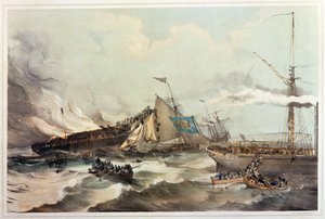 Zerstörung des Auswandererschiffs Ocean Monarch, graviert von Maclure, 1845