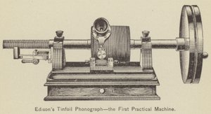 Edisons Zinnfolien-Phonograph, die erste praktische Maschine (Stich) von American School