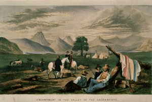 Lager im Tal des Sacramento im Jahr 1598, Illustration aus California, its past history, its present position, its future prospects von G.A. Fleming, 1850 von American School