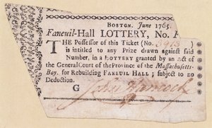 Faneuil-Hall Lotterielos, signiert von John Hancock (1737-93) 1765 von American School