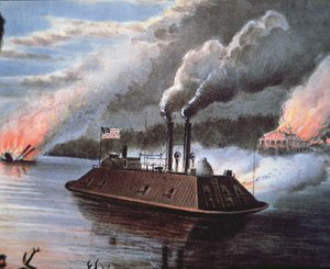 Bundes-Panzerschiff auf dem Mississippi bombardiert feindliches Gebiet von American School