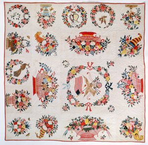 Flaggen- und Blumenquilt, ca. 1860 (Baumwolle) von American School