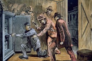 Frank und Jesse James Gang überfallen den Expresswagen eines Zuges im Jahr 1879 von American School