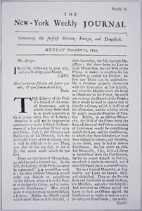 Titelseite des New-York Weekly Journal über Pressefreiheit von American School