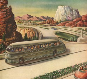 Futuristischer Reisebus auf einer Autobahn im Südwesten der USA von American School