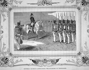 General Andrew Jackson spricht zur Tennessee-Miliz vor der Schlacht von Horsehoe Bend, 27. März 1814 von American School
