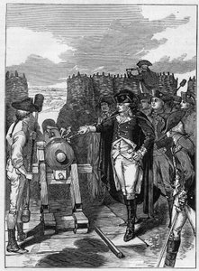 General George Washington und das erste Abfeuern der Kanone bei der Belagerung von Yorktown im Jahr 1781