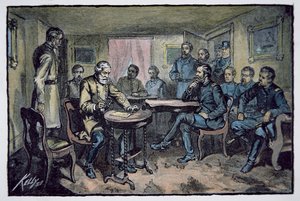 General Robert E. Lee (1807-70) kapituliert vor General Ulysses S. Grant (1822-85) im Appomattox Courthouse, 9. April 1865