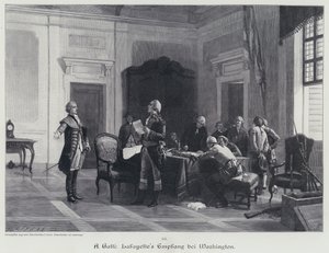 George Washington begrüßt den Marquis de Lafayette (Gravur) von American School