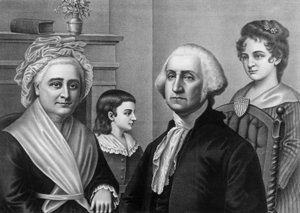 George Washington mit seiner Frau Martha Washington und seinen Kindern in Mount Vernon. Gravur um 1880 von American School
