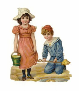 Mädchen und Junge bauen Sandburgen von American School