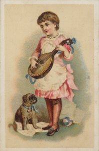 Mädchen spielt Mandoline mit einem Hund von American School