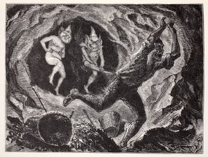 Gnome erschrecken einen Bergmann, aus Der Weltführer zu Gnomen, Feen, Elfen und anderen kleinen Leuten von Thomas Keightley (1789-1872) veröffentlicht 1880 von American School