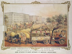 Große Prozession der Dampfkalliope, gezogen von einem Team von sechs Elefanten in der Stadt New York, 1857 von American School