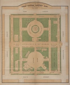 Grundriss der Gebäude der Great Central Sanitary Fair, Logan Square, Juni 1864 (Farblithographie)