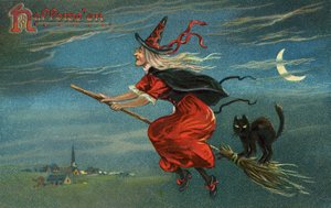 Halloween-Hexe und schwarze Katze reiten nachts auf einem Besen