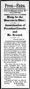 Schlagzeile zur Ermordung von Abraham Lincoln (1809-65) und dem versuchten Mord an William Seward (1801-72) aus Press Extra, 15. April 1865 von American School