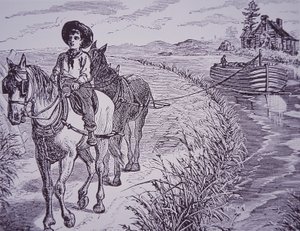 Pferde ziehen Kanalboot auf Treidelpfad, Erie-Kanal (Stich) von American School