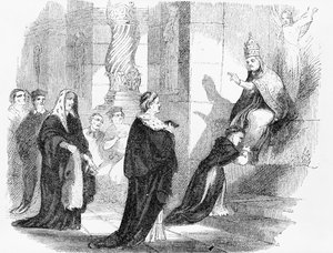 Illustration aus einem anti-katholischen Pamphlet, die einen Priester zeigt, der die Roben des Papstes küsst von American School