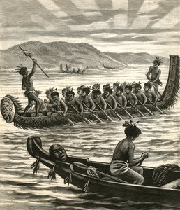 Illustration von Maori-Kriegern in Kanus von American School