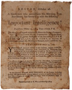 Wichtige Nachricht! (Ankündigung der Kapitulation von Cornwallis in Yorktown), kleines Flugblatt gedruckt von M. Willis, Boston, 26. Oktober 1781 von American School