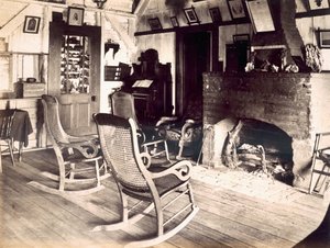 Innenraum einer amerikanischen Holzhütte, ca. 1880er von American School