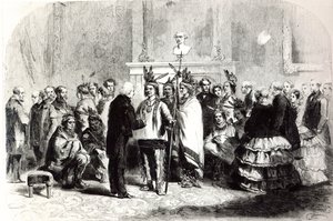 James Buchanan, Präsident der Vereinigten Staaten, bringt die feindlichen Stämme der Pawnees und Poncas dazu, sich die Hände zu schütteln, 1858 von American School