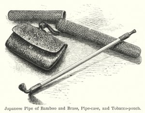 Japanische Pfeife aus Bambus und Messing, Pfeifenkasten und Tabakbeutel (Gravur) von American School
