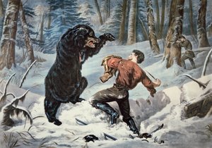 Jedediah Smith (1799-1831) wird von einem Grizzlybären angegriffen, ca. 1861 (Farblithografie)